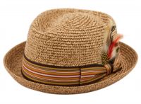 STRAW FEDORA HATS WITH STRIPE BAND & FEATHER F1860