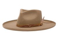 Wool Felt Teardrop Fedora Hats With Curled Brim & Leather Trim Band F7145D1_Tan