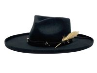 Wool Felt Teardrop Fedora Hats With Curled Brim & Leather Trim Band F7145D2_Black