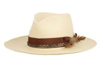 MORRETON WIDE BRIM STRAW FEDORA HAT WITH FABRIC BAND & FEATHER M123